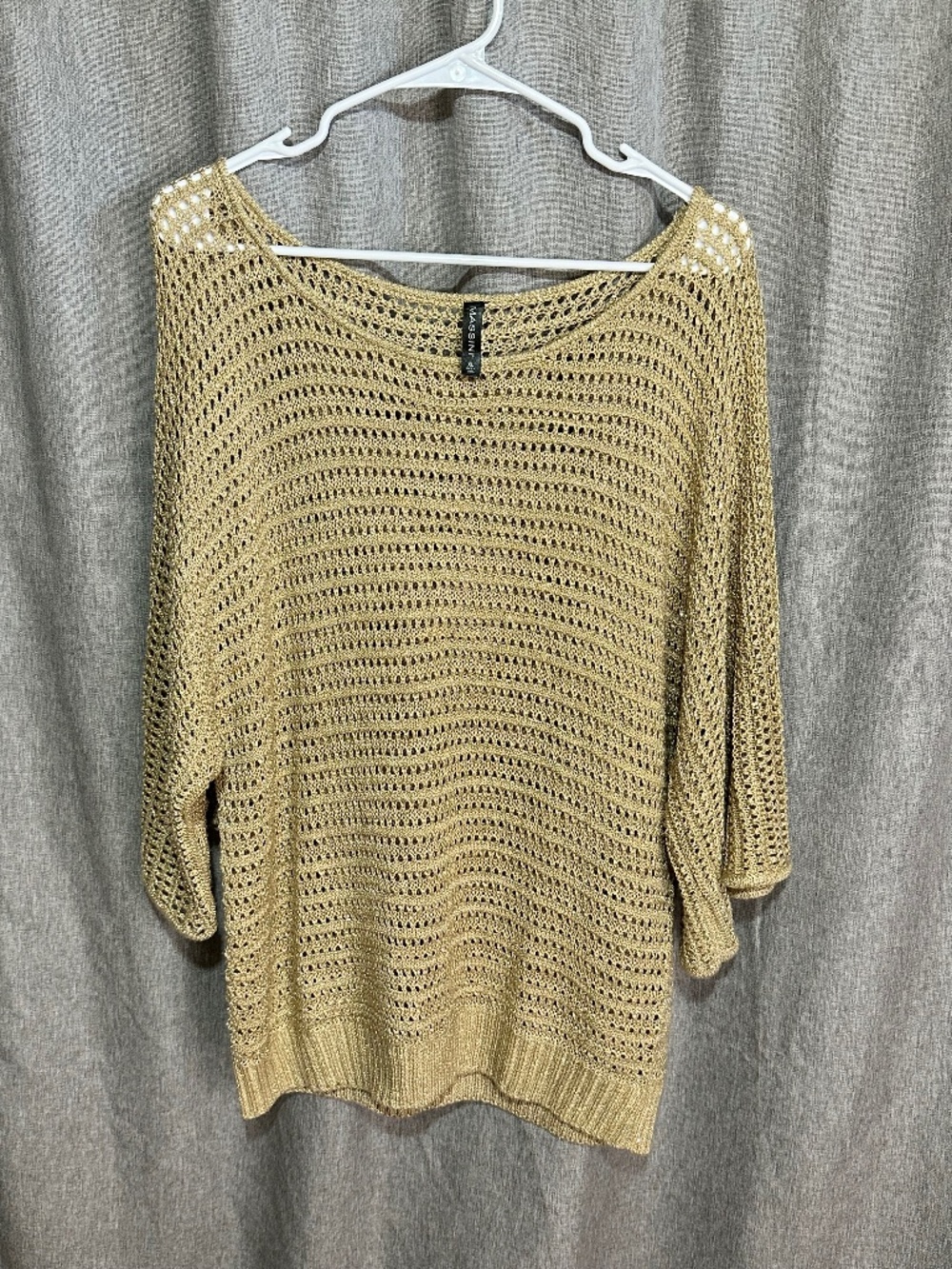 Massini Gold Metallic Open Crochet Knit Wide Scoop Neck Dolman Sleeve Sweater XL